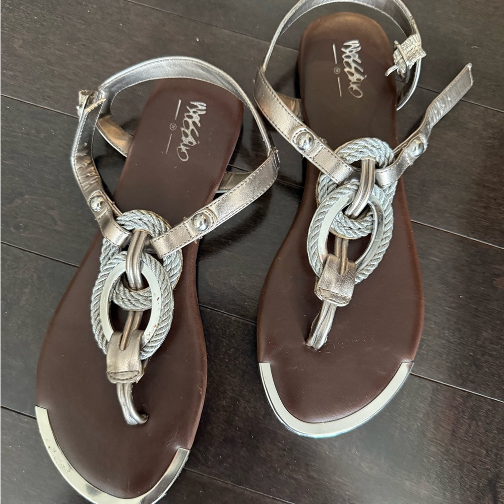 Silver Brown Sandals with Braided T-Strap